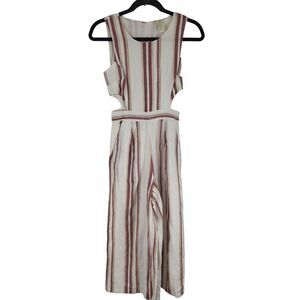 Japna Jumpsuit XS Womens Capri Linen Blend White Red Striped Sleeveless Cut Out